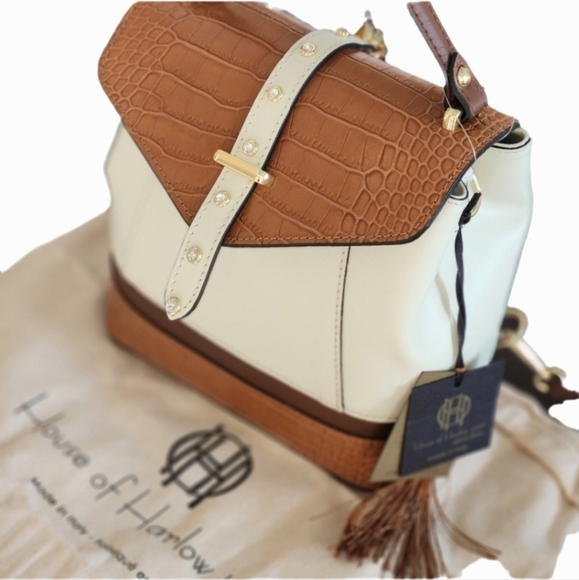 NWT ❗️ House of Harlow  1960 mini backpack cream and brown leather crystal stud - Picture 2 of 13